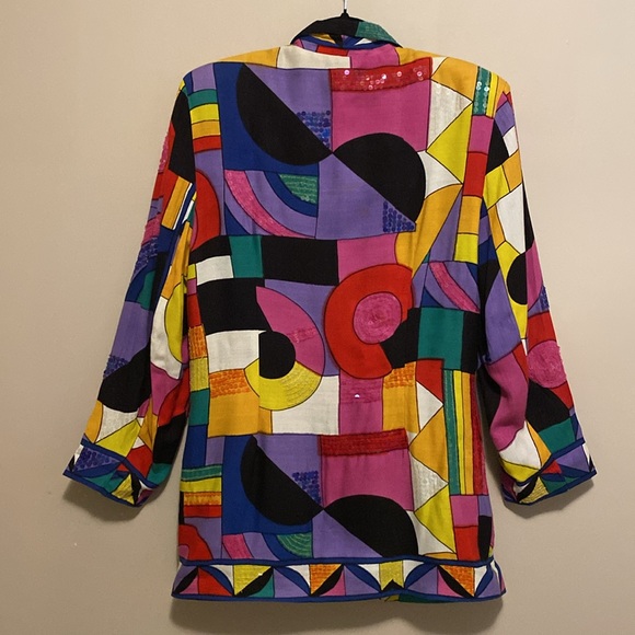 Vintage colourful abstract print blazer with sequins. Two front pockets. - Picture 4 of 5